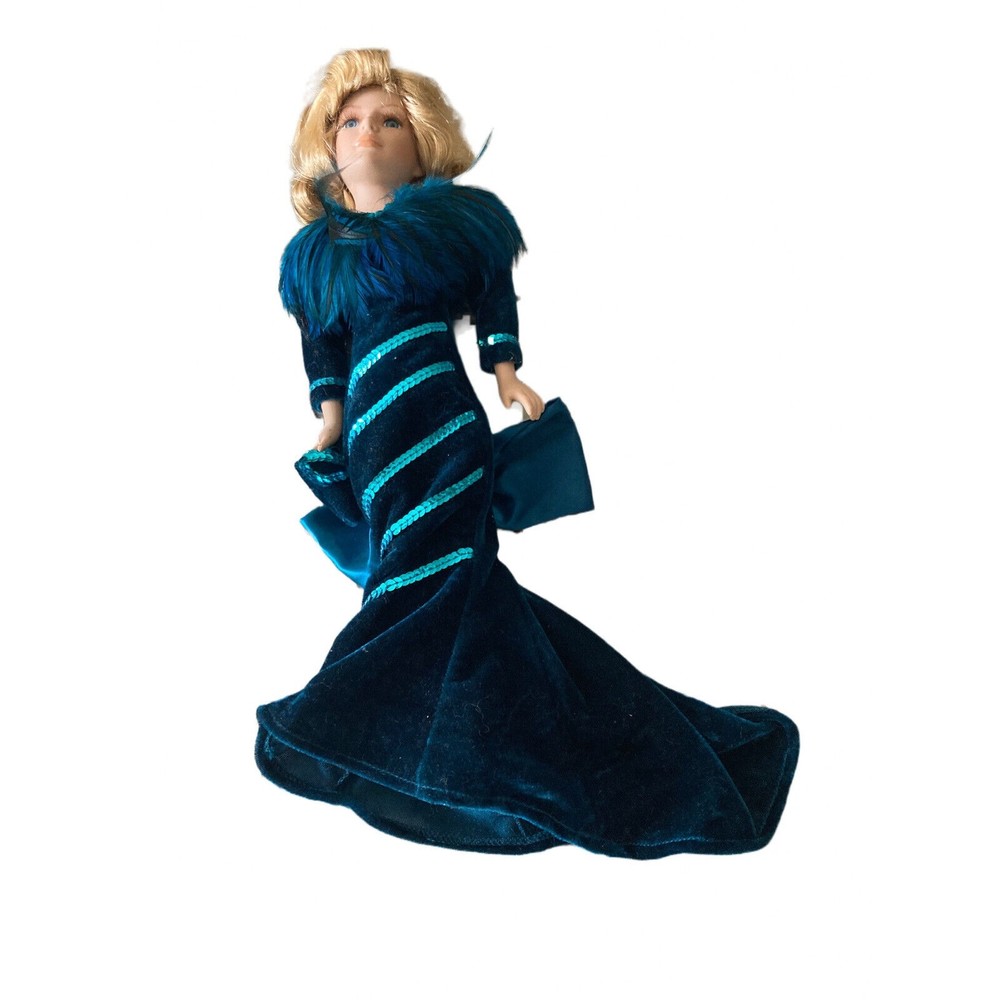 DanDee Collectors Choice Porcelain Doll Blonde Blue Eyed Velvet Blue Dress 16"